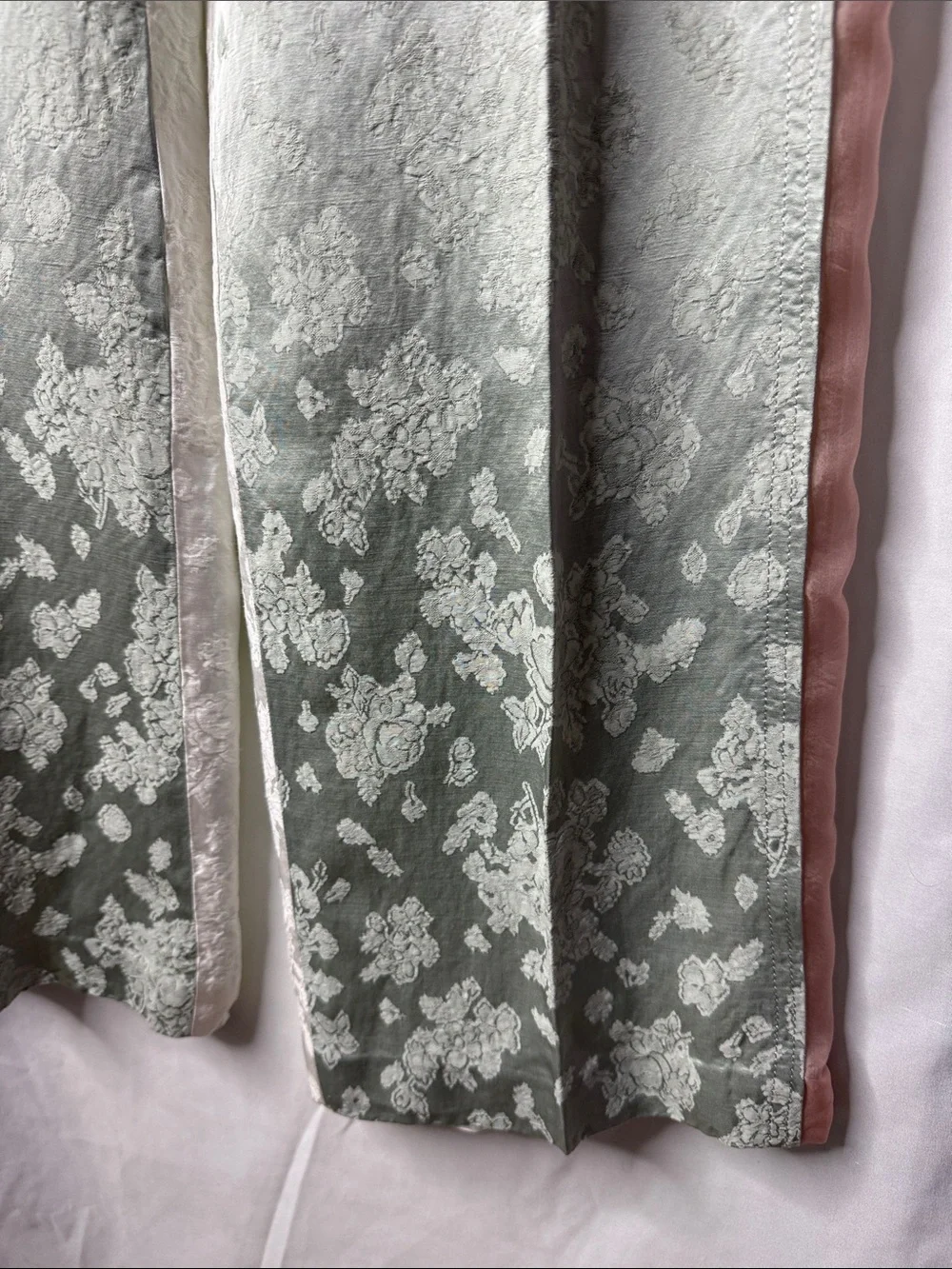 Zara Sage Green, Pink & White Jacquard Textured Pants with Sheer Pink Panels L